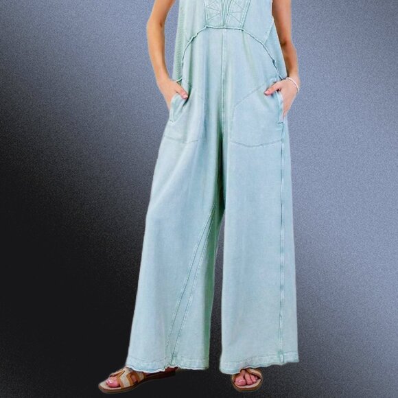 EASEL "Magical Muse" Mineral Washed Soft Terry Knit Wide Leg Loose Fit Jumpsuit - Picture 10 of 15